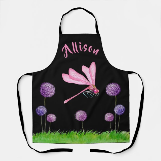 Black Pink Purple Floral Women's Name  Apron (Front)