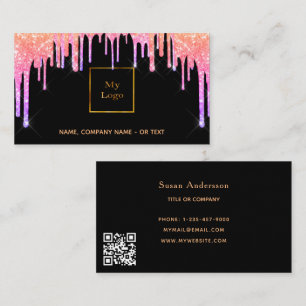 Black pink purple QR code glitter drips Business Card
