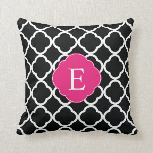 Black Pink Quatrefoil Monogram Throw Pillow