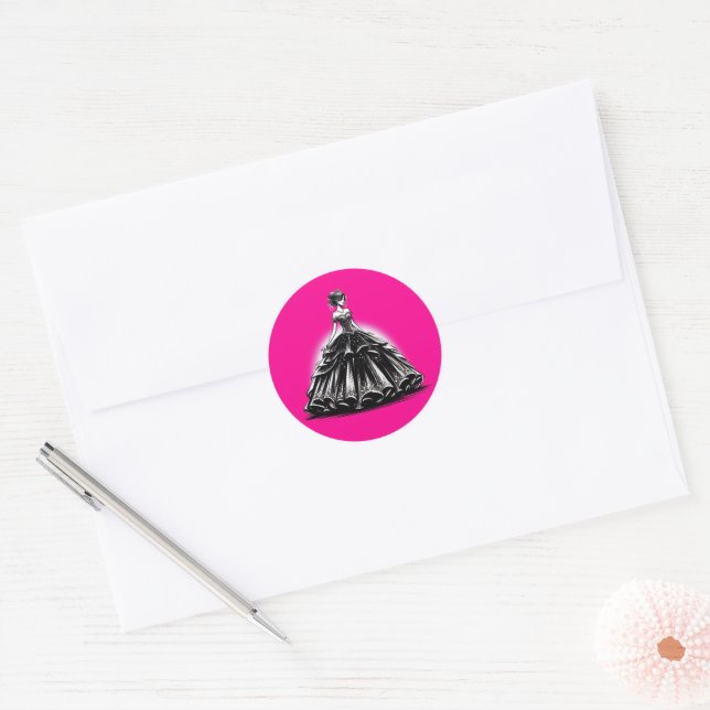 Black & Pink Quinceañera Classic Round Sticker (Envelope)
