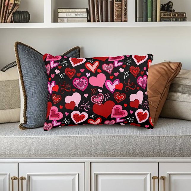 Black Pink Red Hearts Love Pattern Accent Pillow (Creator Uploaded)