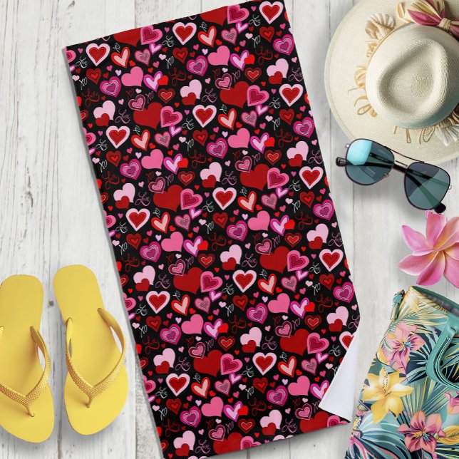 Black Pink Red Hearts Love Pattern Beach Towel (Creator Uploaded)