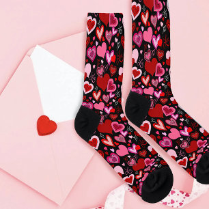 Black Pink Red Hearts Love Pattern Socks
