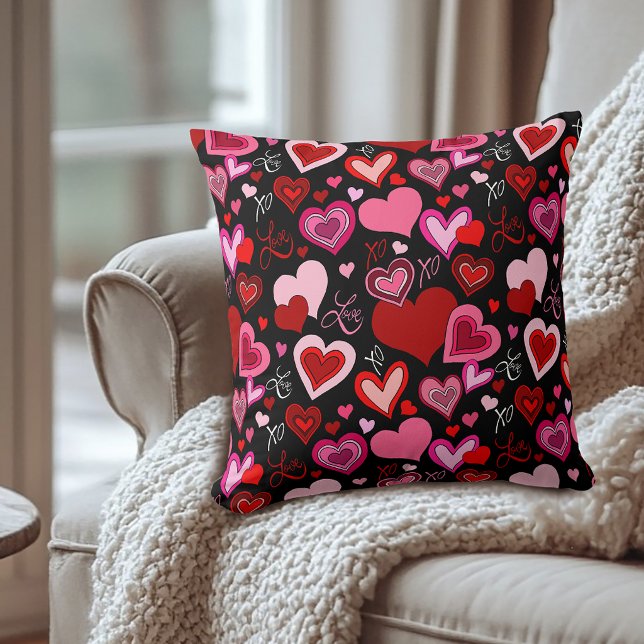 Black Pink Red Hearts Love Pattern Throw Pillow (Creator Uploaded)