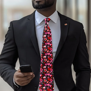 Black Pink Red Hearts Love Pattern Tie