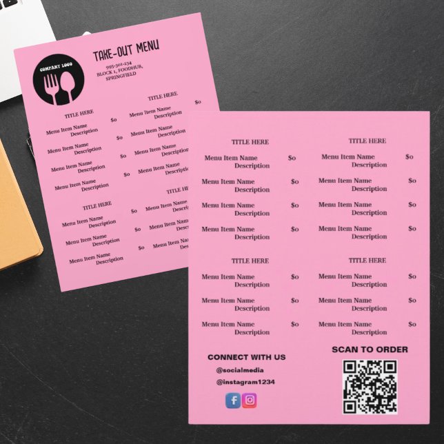 Black, Pink Restaurant Take Out Menu with QR Code (Creator Uploaded)