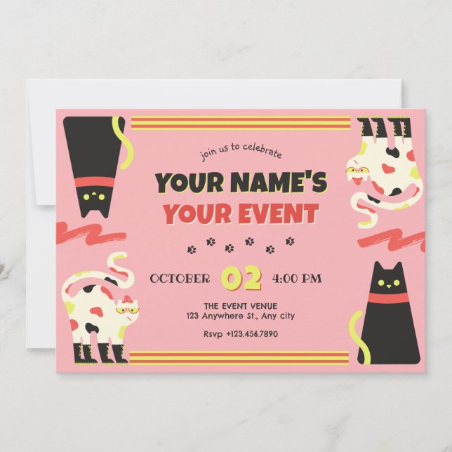 Black Pink retro cat  Invitation (Front)