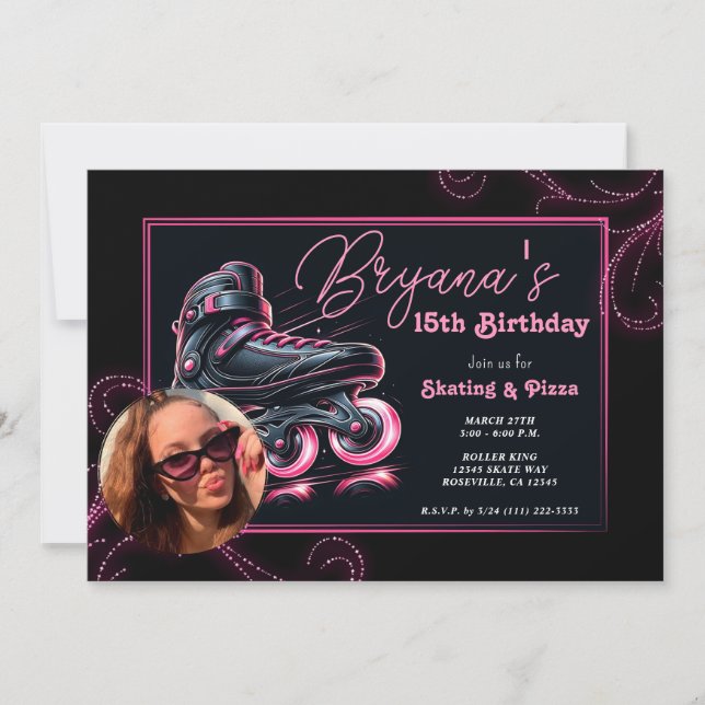 Black & Pink Rollerblades Glow Sparkle Birthday  Invitation (Front)