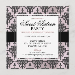 Black Pink Rose Damask Sweet 16 Party Invitations