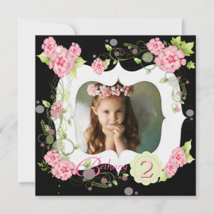 Black Pink Rose Girls Photo 2nd Birthday Party Invitation