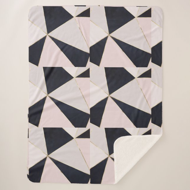 Black Pink Rose Gold Geometric Sherpa Blanket (Front)