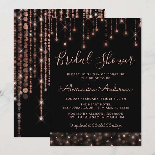 Black Pink Rose Gold String Lights Bridal Shower Invitation (Front/Back)