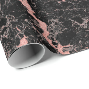 Black Pink Rose Veins Abstract  Marble Stone Glam Wrapping Paper