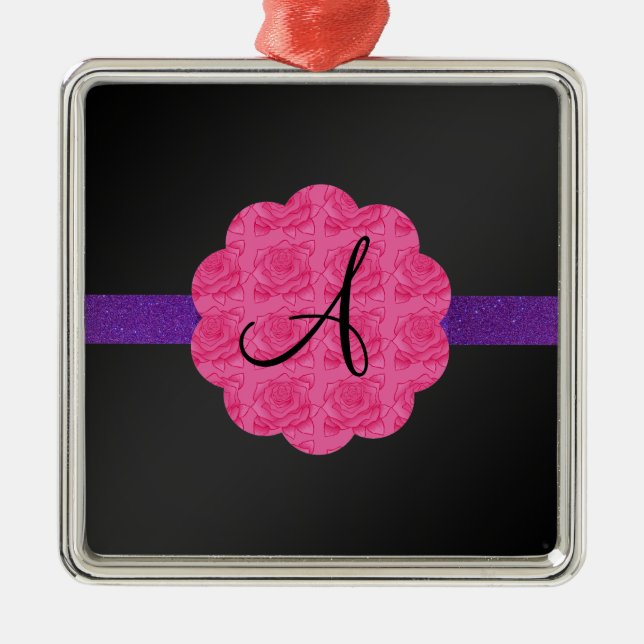 Black pink roses monogram metal ornament (Front)