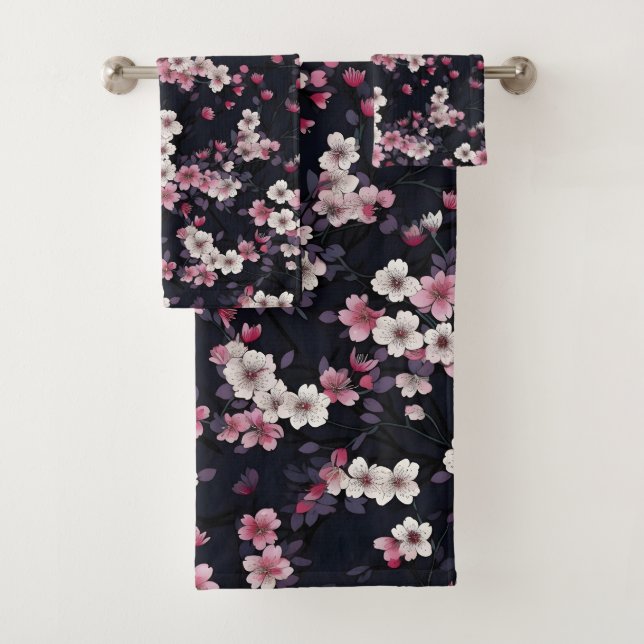 Black Pink Sakura Flowers, Pattern Design,  Bath Towel Set (Insitu)
