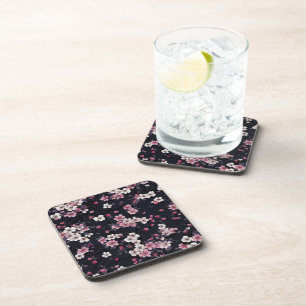 Black Pink Sakura Flowers, Pattern Design, Coaster