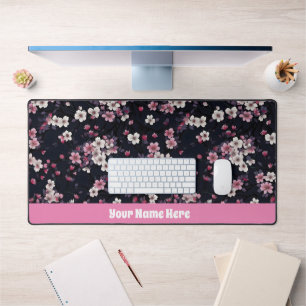 Black Pink Sakura Flowers, Pattern Design, Desk Mat