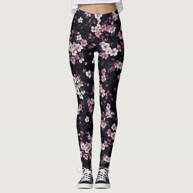 Black Pink Sakura Flowers, Pattern Design,  Leggings (Front)
