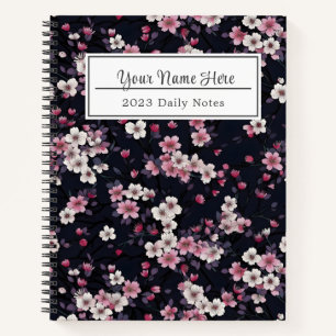Black Pink Sakura Flowers, Pattern Design, Notebook