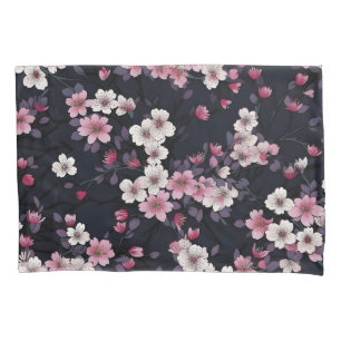 Black Pink Sakura Flowers, Pattern Design,  Pillowcase