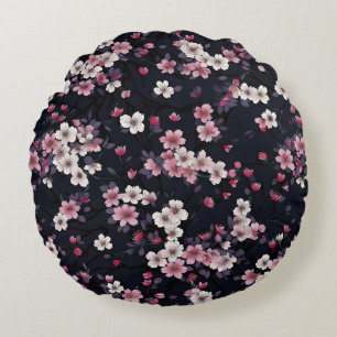 Black Pink Sakura Flowers, Pattern Design,  Round Pillow