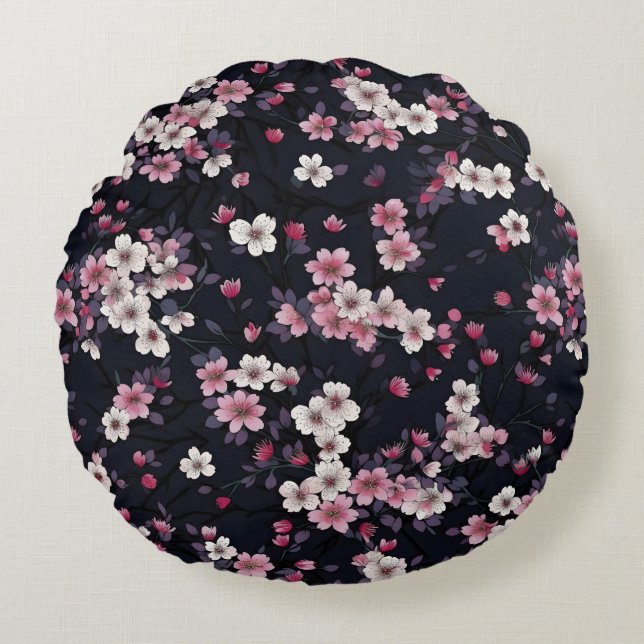 Black Pink Sakura Flowers, Pattern Design,  Round Pillow (Front)