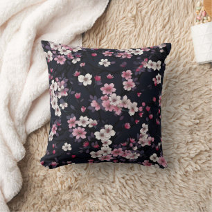 Black Pink Sakura Flowers, Pattern Design,  Throw Pillow