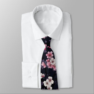Black Pink Sakura Flowers, Pattern Design, Tie