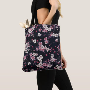 Black Pink Sakura Flowers, Pattern Design,  Tote Bag