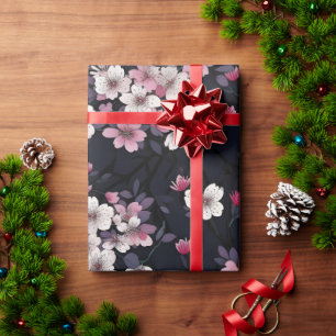 Black Pink Sakura Flowers, Pattern Design,  Wrapping Paper