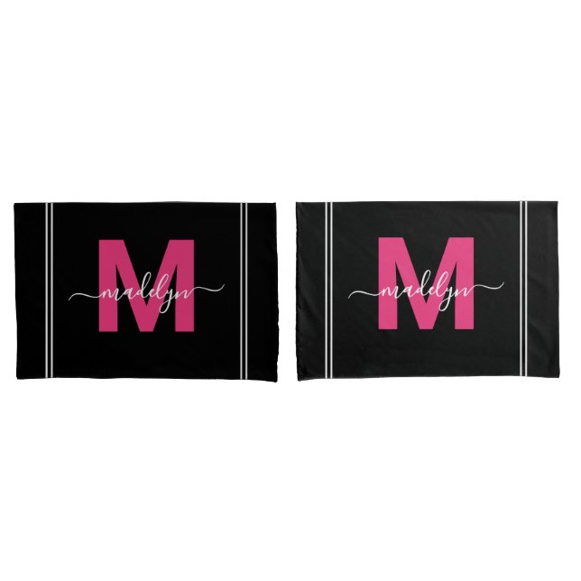 Black Pink Script Name Monogram Pillowcase (Front-Set)