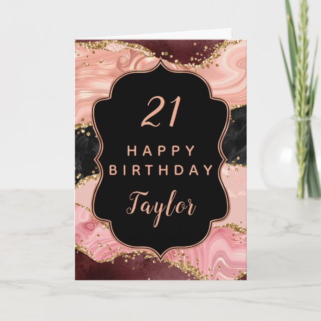 Black Pink Sequins Agate Happy Birthday Card (Front)