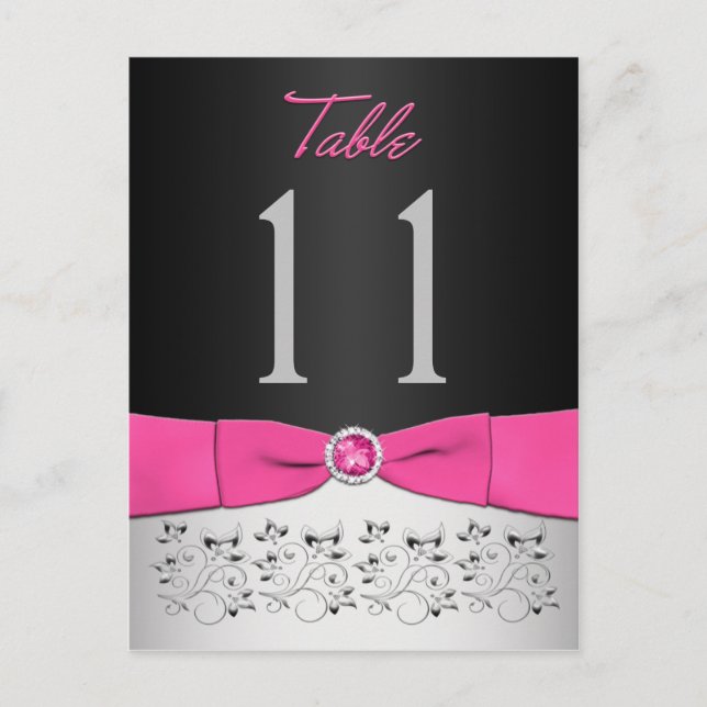 Black, Pink, Silver Floral Table Number Postcard (Front)