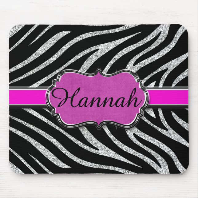 Black Pink Silver Glitter Zebra Personalized Mouse Pad (Front)