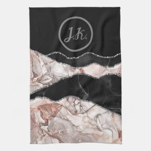 Black Pink Silver Initials Marble Agate Glam Kitchen Towel