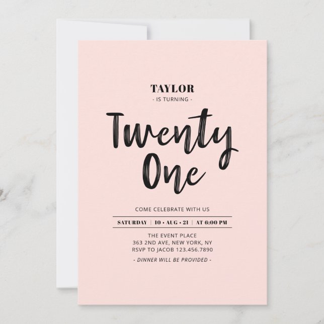 Black & Pink Simple 21st Birthday Party Invitation (Front)