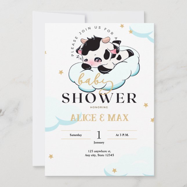 Black Pink Sleepy Cow White Cloud Baby Shower  Invitation (Front)