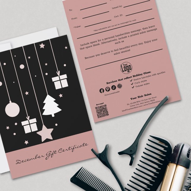 Black Pink Small Business Winter Gift Certificate (Stylish Black and Pink December Gift Certificate, QR code, Logo, Note, Cert ID, Service List, Social)