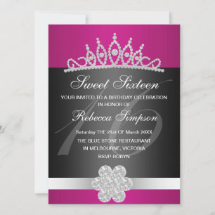 Black & Pink Sparkle Tiara Birthday Invitation