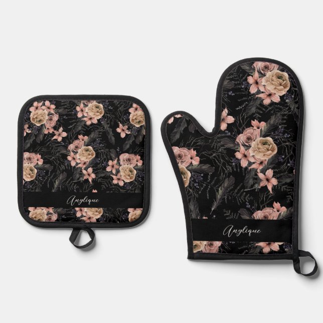 Black & Pink Spooky Chic Halloween Name Oven Mitt & Pot Holder Set (Front)