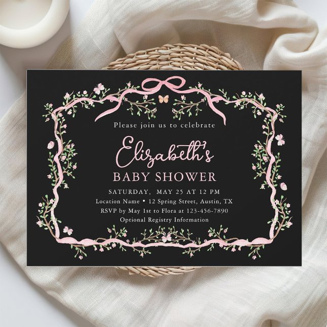 Black Pink Spring Floral Frame Baby Shower         Invitation (Creator Uploaded)
