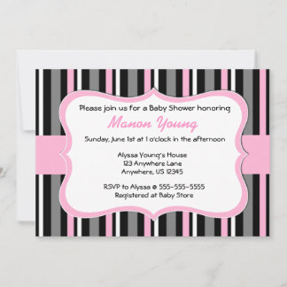 Black Pink Stripe Baby or Bridal Shower Invitation
