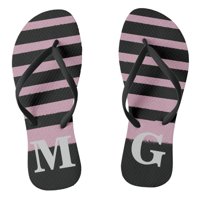 Black Pink Striped Cool Simple Patterns Flip Flops (Footbed)