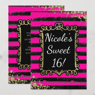 Black & Pink Stripes Gold Foil Party Invitations