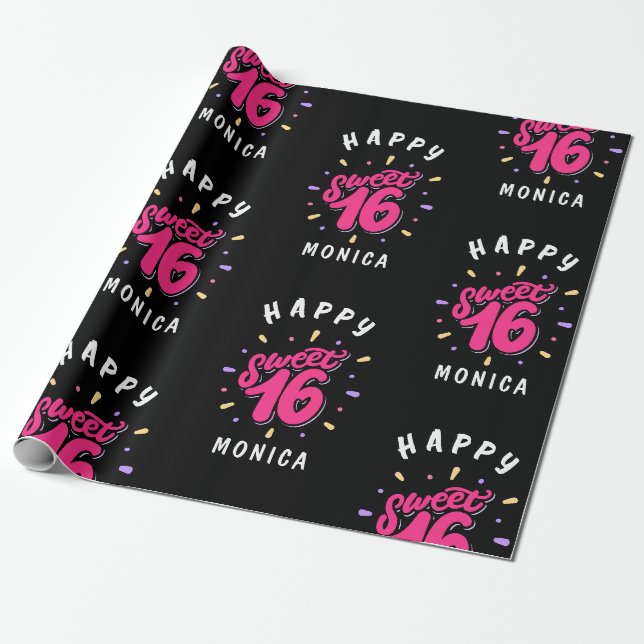 Black Pink Sweet 16 Personalized Birthday Wrapping Paper (Unrolled)