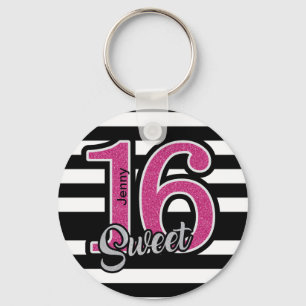 Black Pink Sweet 16 Personalized Keychain