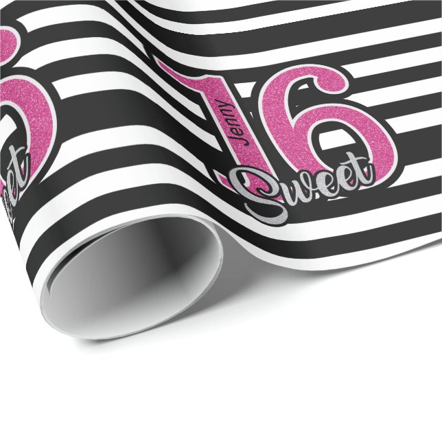 Black Pink Sweet 16 Personalized Wrapping Paper (Roll Corner)