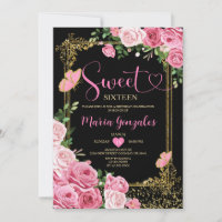 Black Pink Sweet Sixteen Gold 16th Girl Birthday