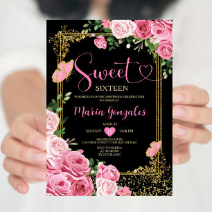 Black Pink Sweet Sixteen Gold 16th Girl Birthday Invitation