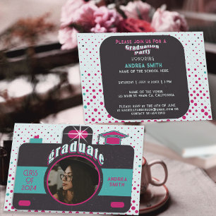 Black Pink Teal Vintage Graduate Photo Retro Dots Invitation